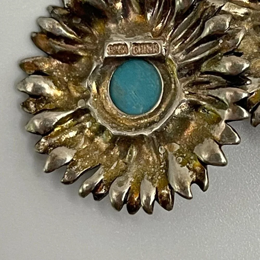 925 Sterling Silver Turquoise‎ Sunflower Earrings – Oxidized Vintage Style